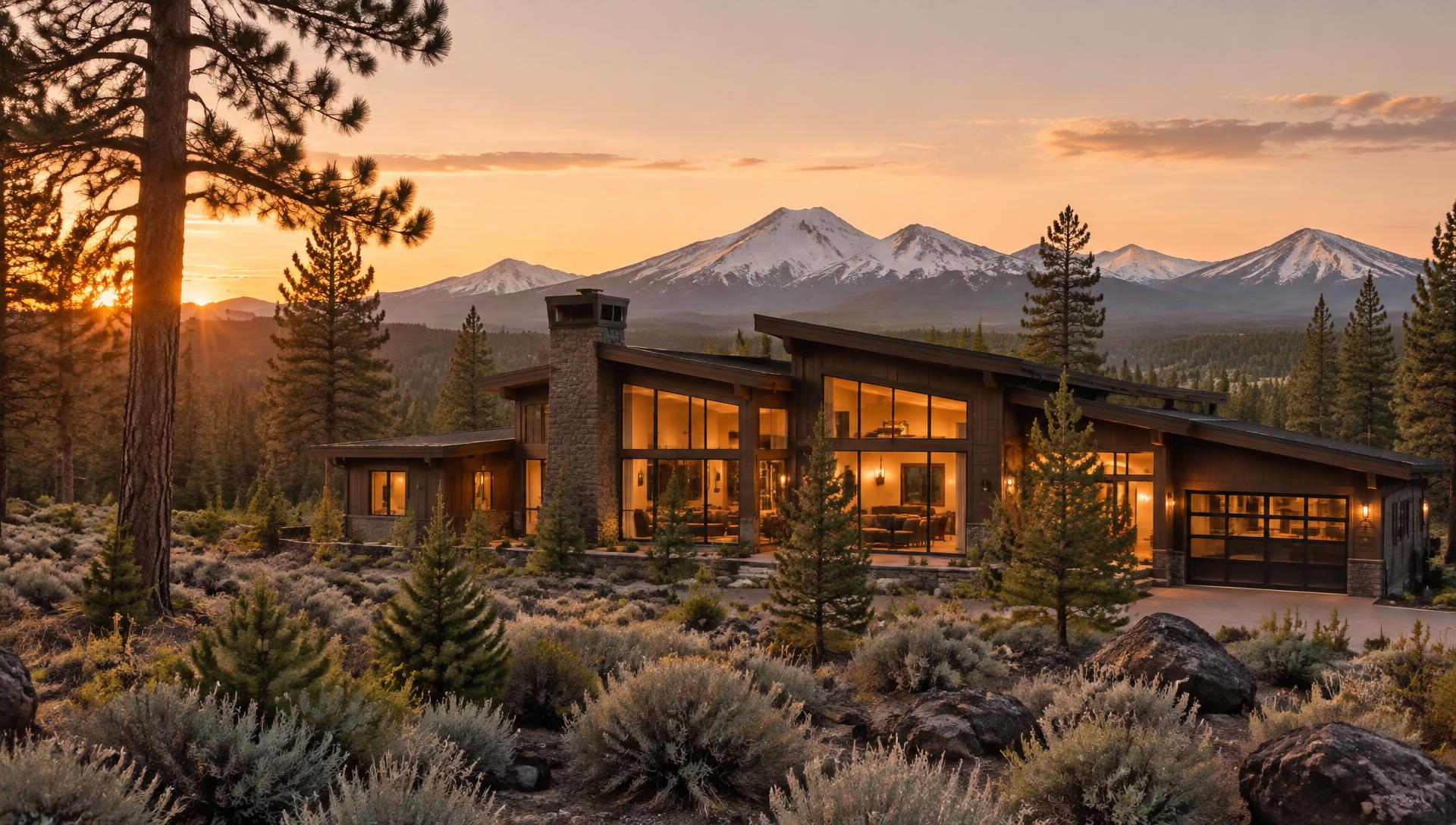 A modern high-desert home at golden hour with the Cascade peaks beyond