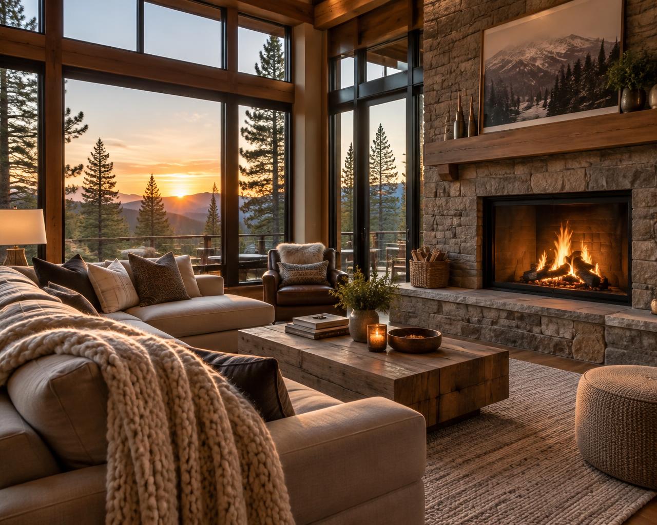 A warm, fire-lit mountain home interior at dusk, ready for arrival